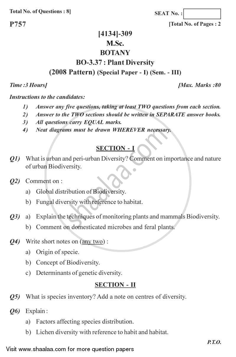 Botany Special Paper - Plant Diversity 1 2011-2012 - M.Sc. - Semester 3 - University of Pune question paper with PDF download