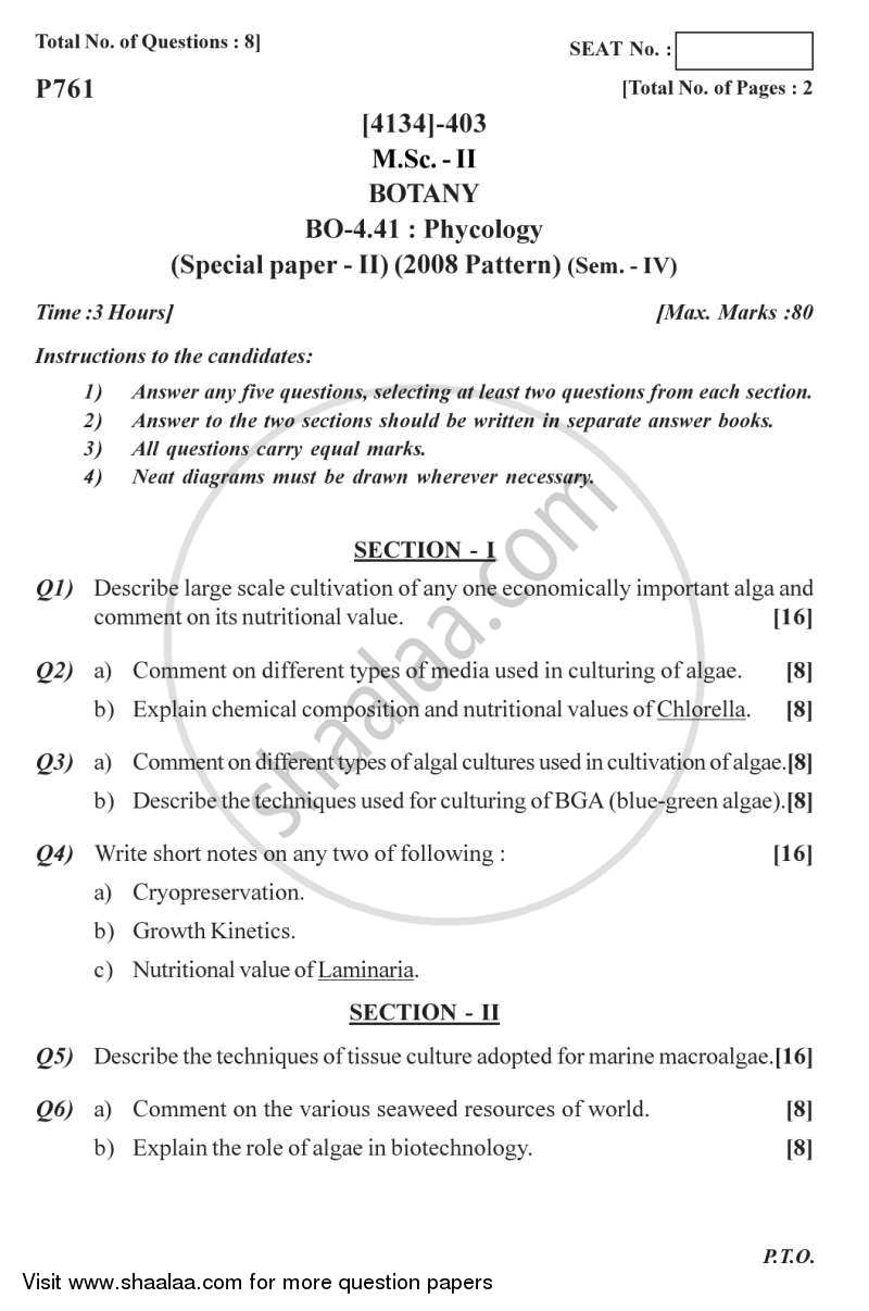 Botany Special Paper - Plant Physiology 2 2011-2012 - M.Sc. - Semester 4 - University of Pune question paper with PDF download