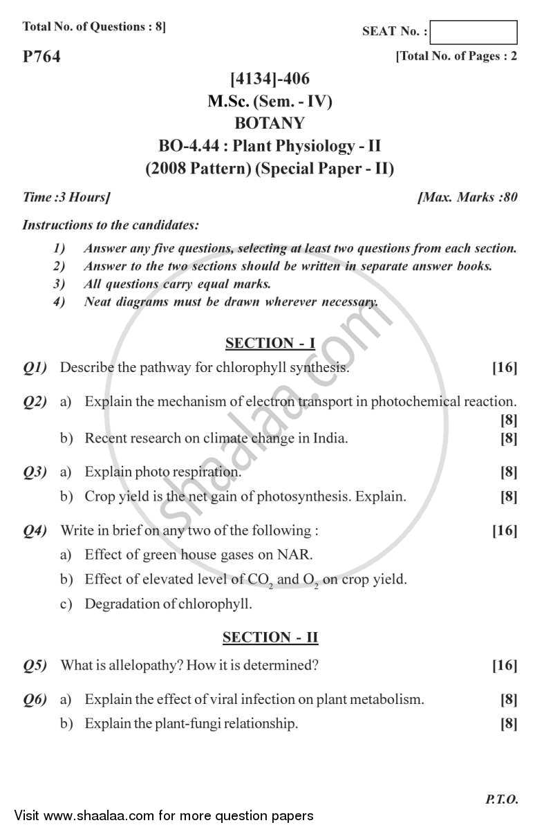 Botany Special Paper - Plant Physiology 2 2011-2012 - M.Sc. - Semester 4 - University of Pune question paper with PDF download