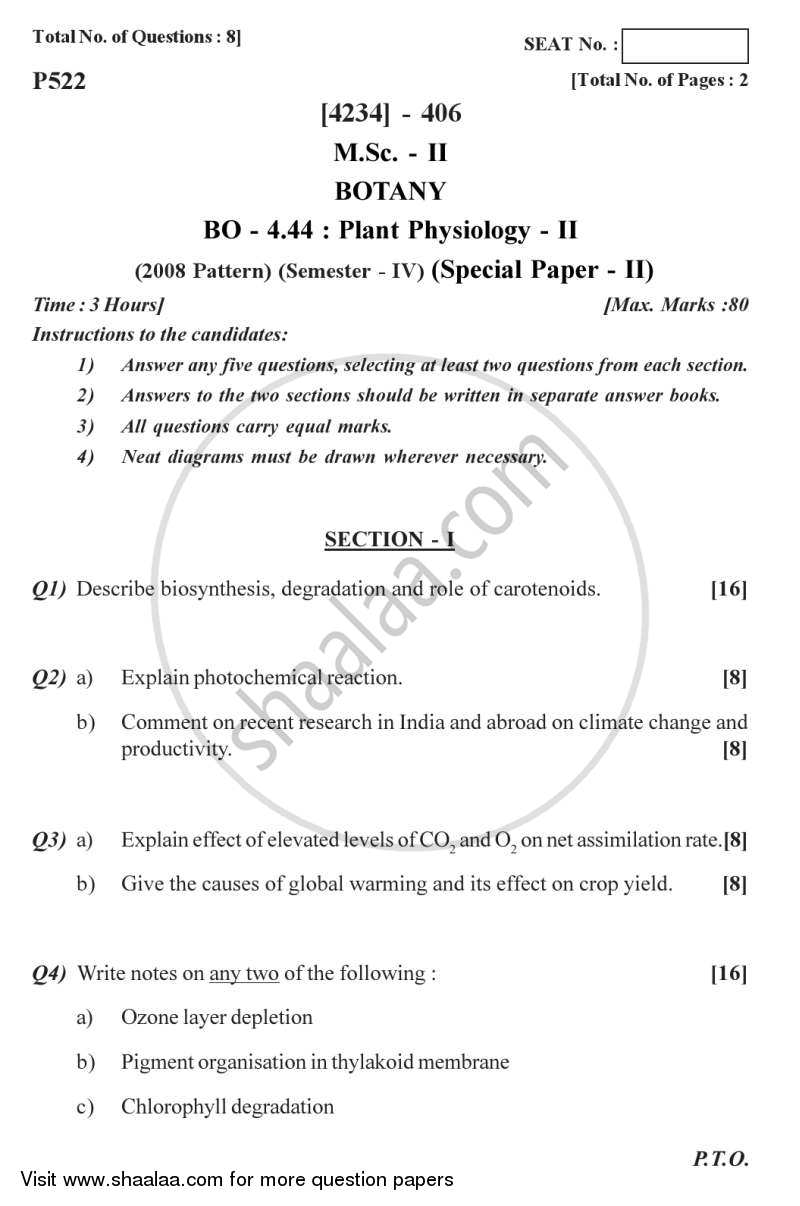 Botany Special Paper - Plant Physiology 2 2012-2013 - M.Sc. - Semester 4 - University of Pune question paper with PDF download