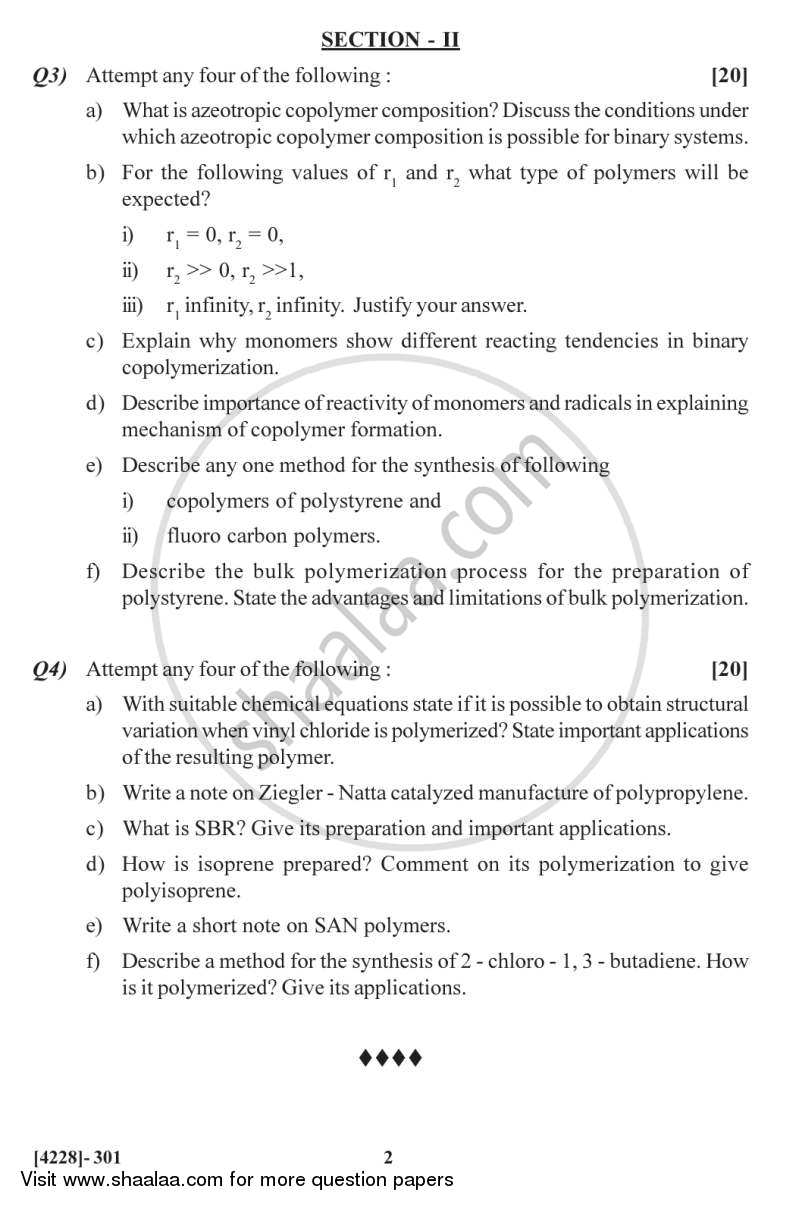Chain Polymerization 2012-2013 - M.Sc. - Semester 3 - University of Pune question paper with PDF download