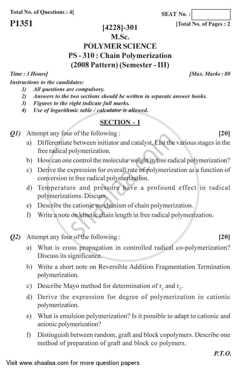 Chain Polymerization 2012-2013 - M.Sc. - Semester 3 - University of Pune question paper with PDF download