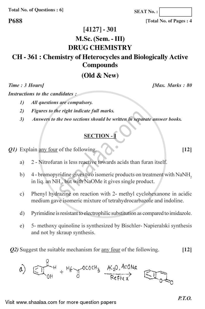 Chemistry of Heterocycles and Biologically Actives Compounds 2011-2012 - M.Sc. - Semester 3 - University of Pune question paper with PDF download
