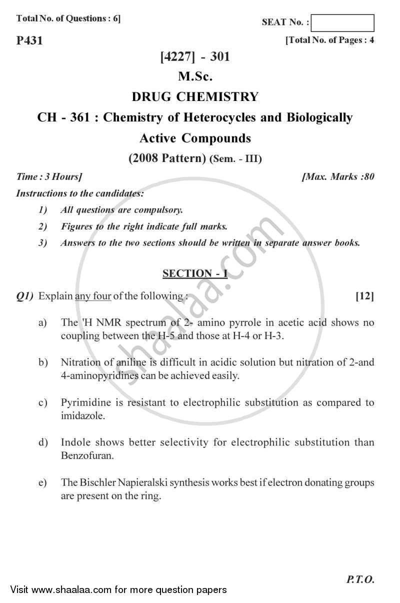 Chemistry of Heterocycles and Biologically Actives Compounds 2012-2013 - M.Sc. - Semester 3 - University of Pune question paper with PDF download