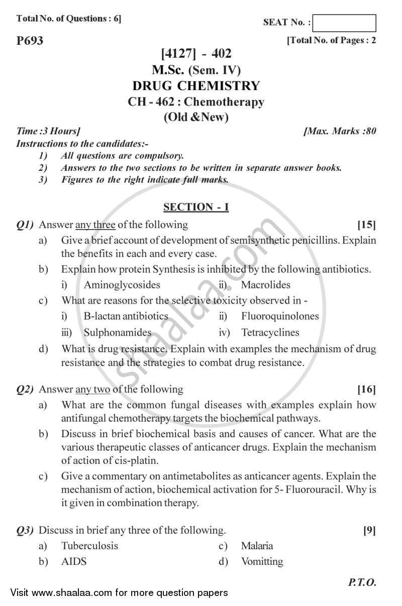 Chemotherapy 2011-2012 - M.Sc. - Semester 4 - University of Pune question paper with PDF download
