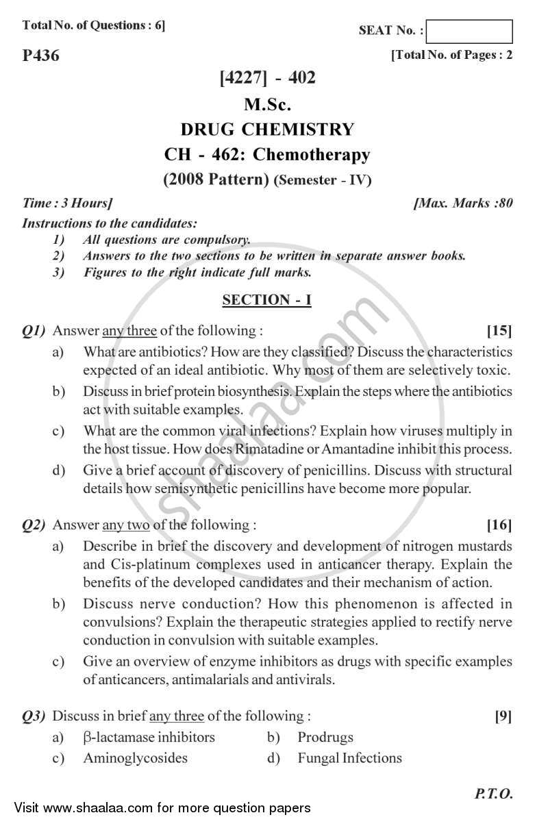 Chemotherapy 2012-2013 - M.Sc. - Semester 4 - University of Pune question paper with PDF download