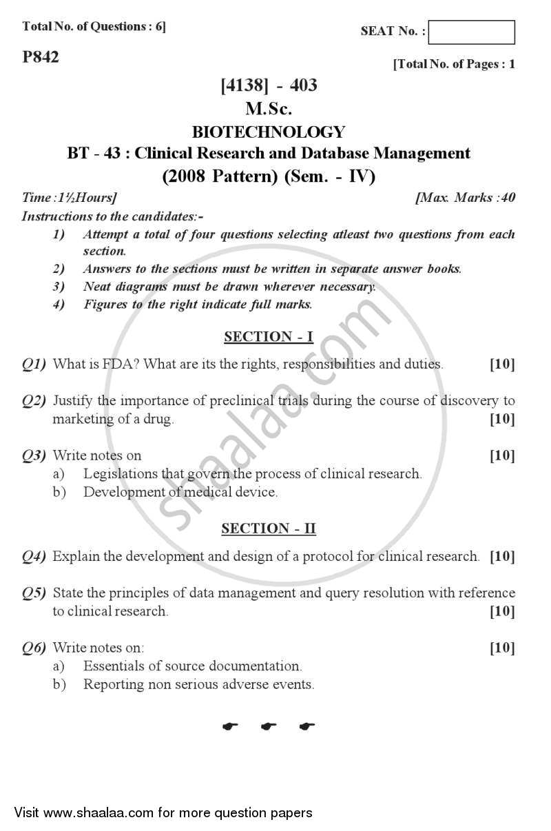 Clinical Research and Database Management 2011-2012 - M.Sc. - Semester 4 - University of Pune question paper with PDF download