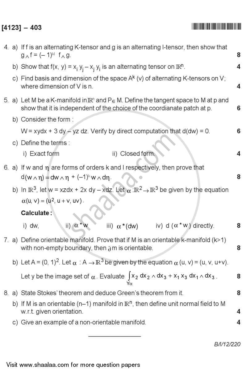 Differential Manifolds 2011-2012 - M.Sc. - Semester 4 - University of Pune question paper with PDF download
