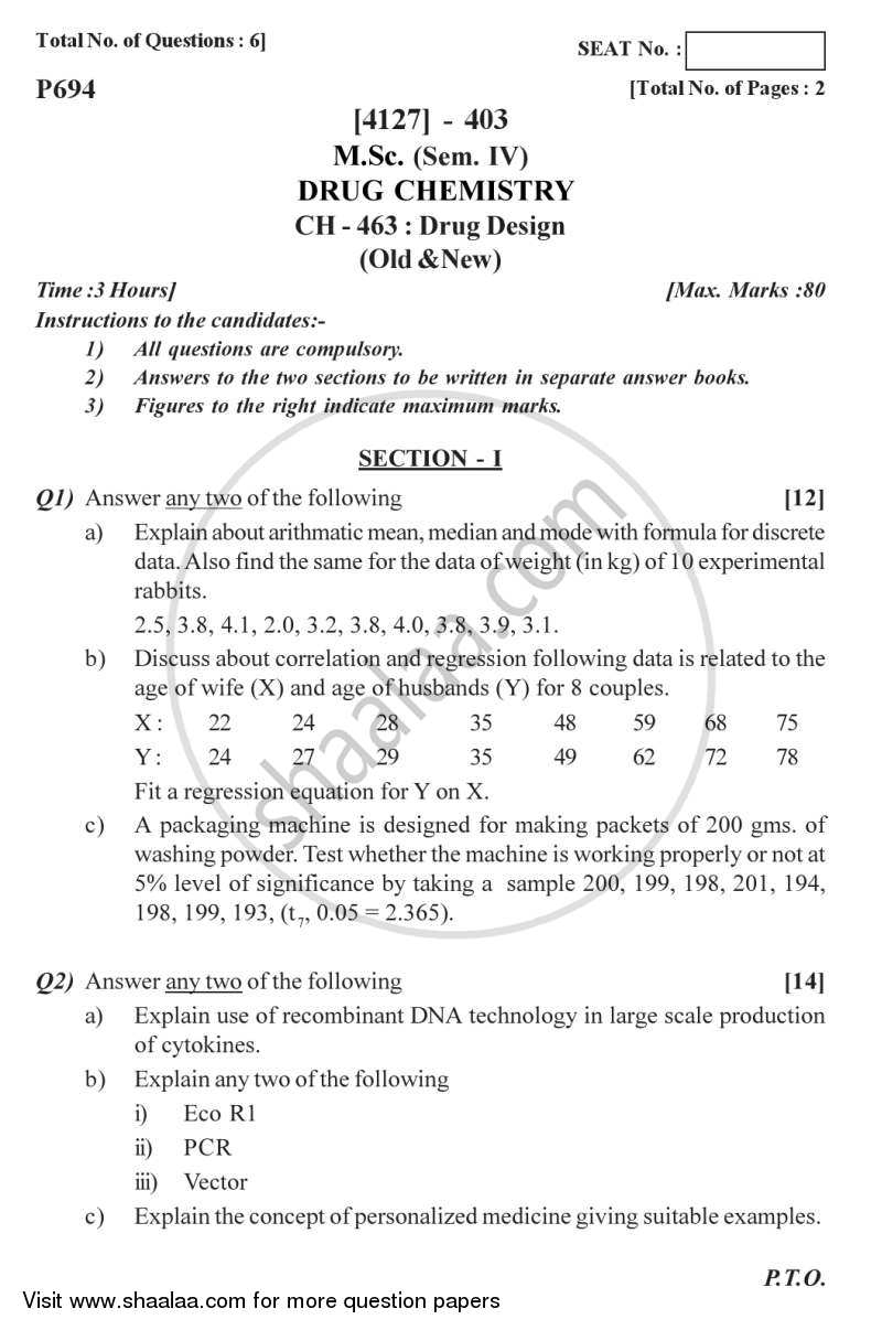 Drug Design 2011-2012 - M.Sc. - Semester 4 - University of Pune question paper with PDF download