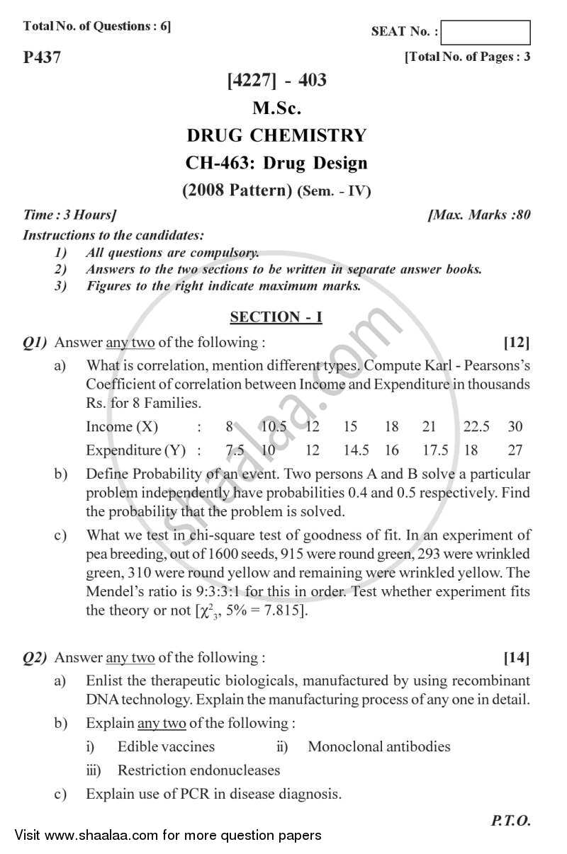 Drug Design 2012-2013 - M.Sc. - Semester 4 - University of Pune question paper with PDF download