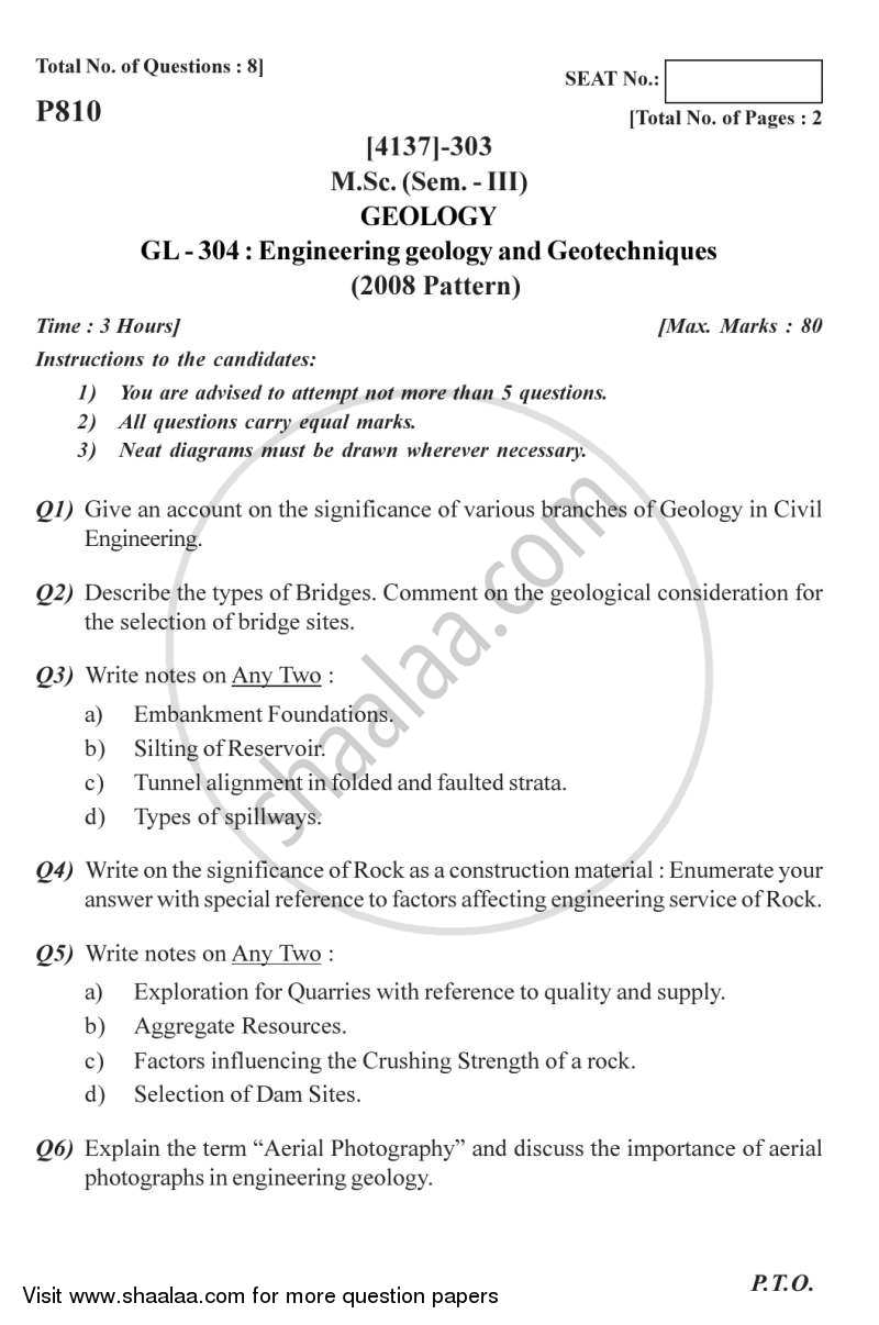 Engineering Geology and Geotechniques 2011-2012 - M.Sc. - Semester 3 - University of Pune question paper with PDF download