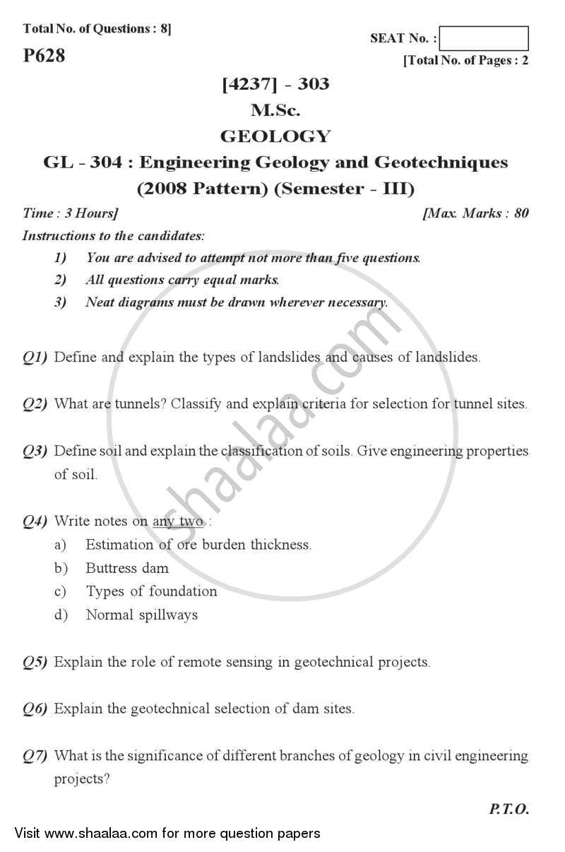 Engineering Geology and Geotechniques 2012-2013 - M.Sc. - Semester 3 - University of Pune question paper with PDF download
