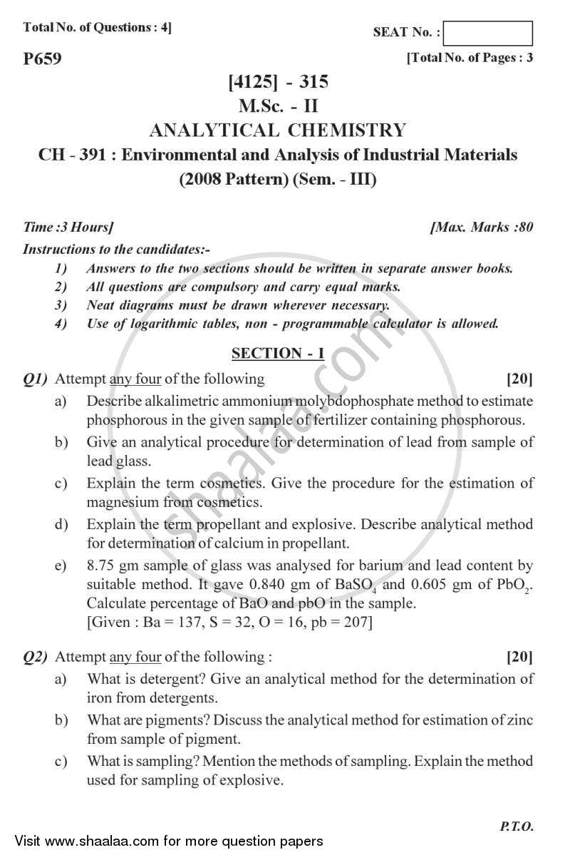 Environmental and Analysis of Industrial Materials 2011-2012 - M.Sc. - Semester 3 - University of Pune question paper with PDF download