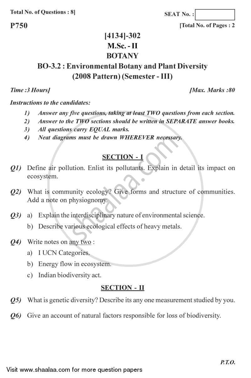 Environmental Botany and Plant Diversity 2011-2012 - M.Sc. - Semester 3 - University of Pune question paper with PDF download