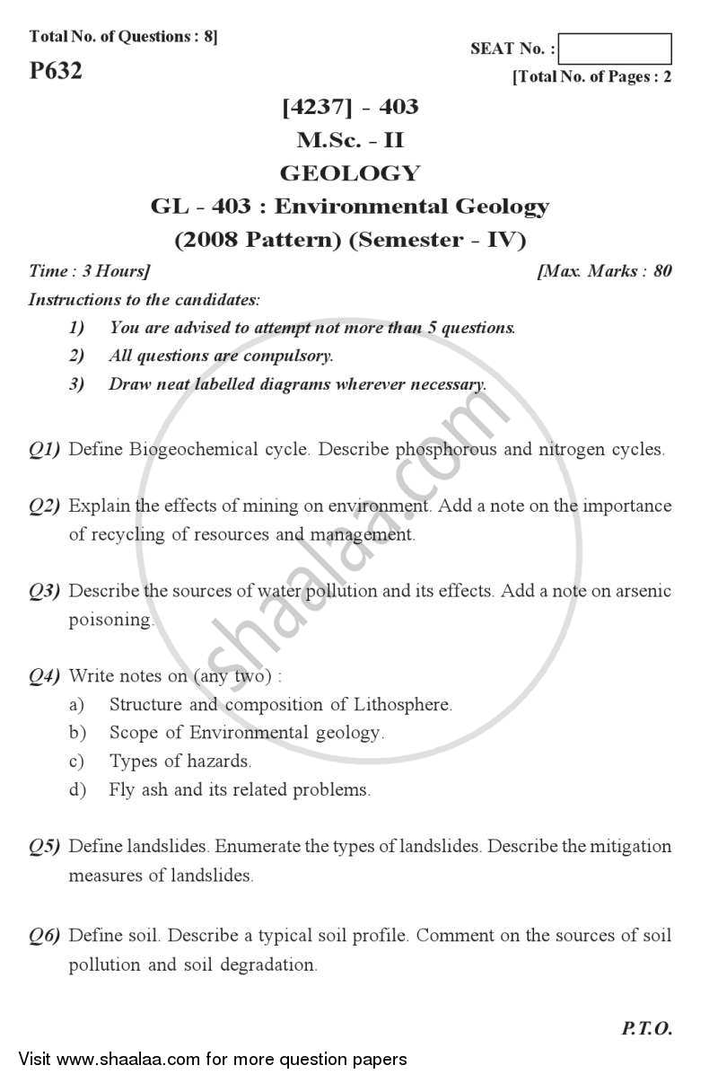 Environmental Geology 2012-2013 - M.Sc. - Semester 4 - University of Pune question paper with PDF download