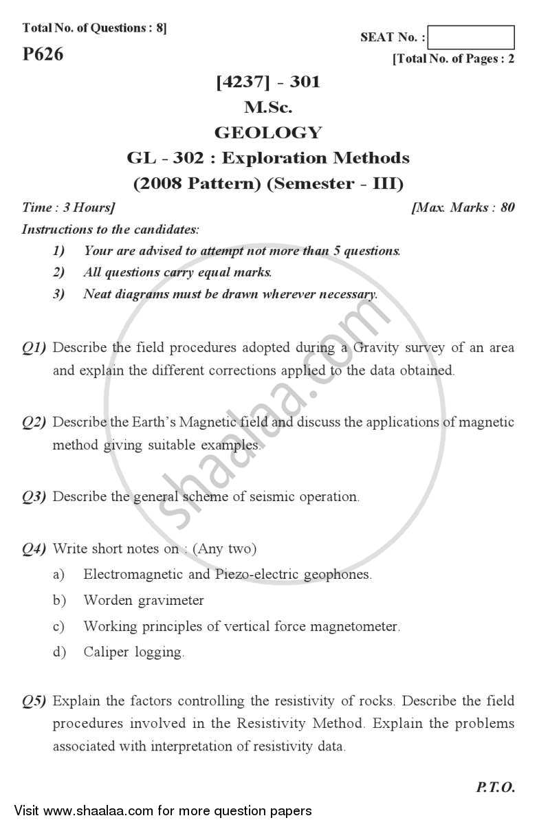 Exploration Methods 2012-2013 - M.Sc. - Semester 3 - University of Pune question paper with PDF download