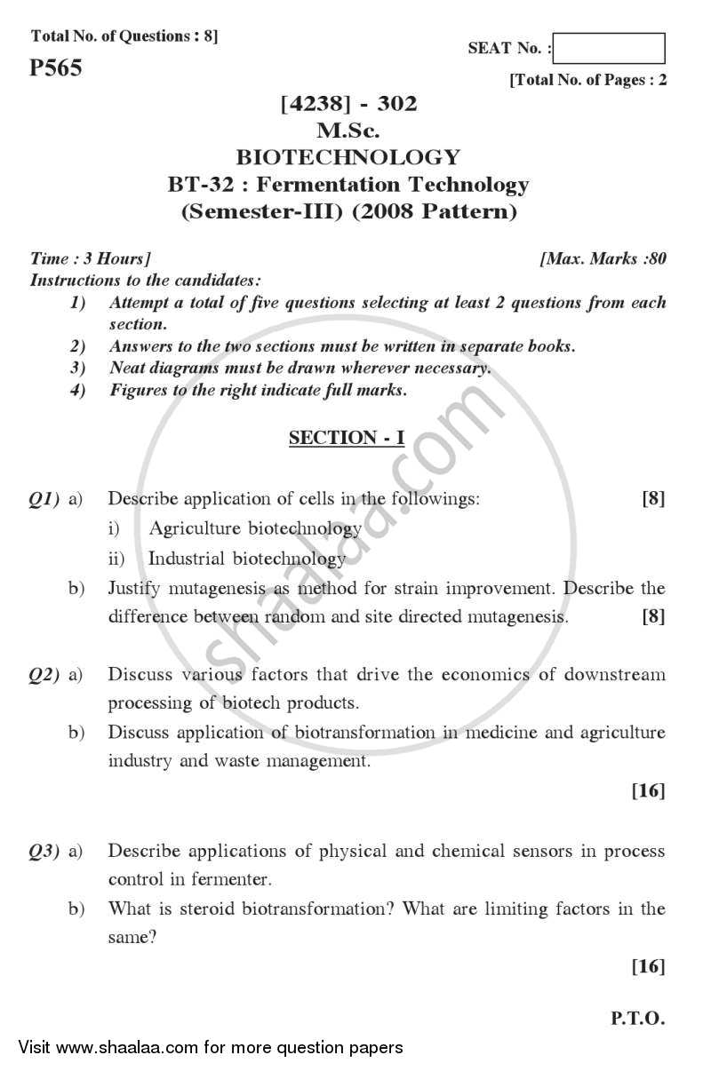 Fermentation Technology 2012-2013 - M.Sc. - Semester 3 - University of Pune question paper with PDF download