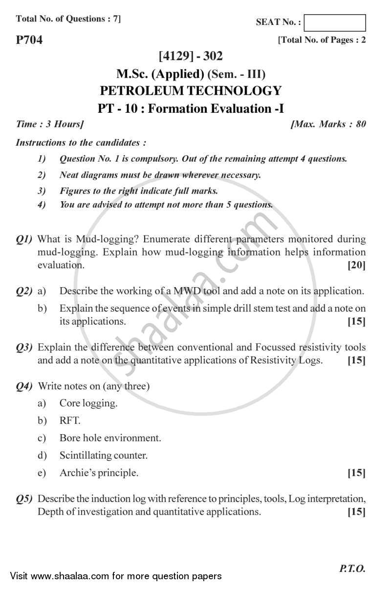 Formation Evaluation 1 2011-2012 - M.Sc. - Semester 3 - University of Pune question paper with PDF download