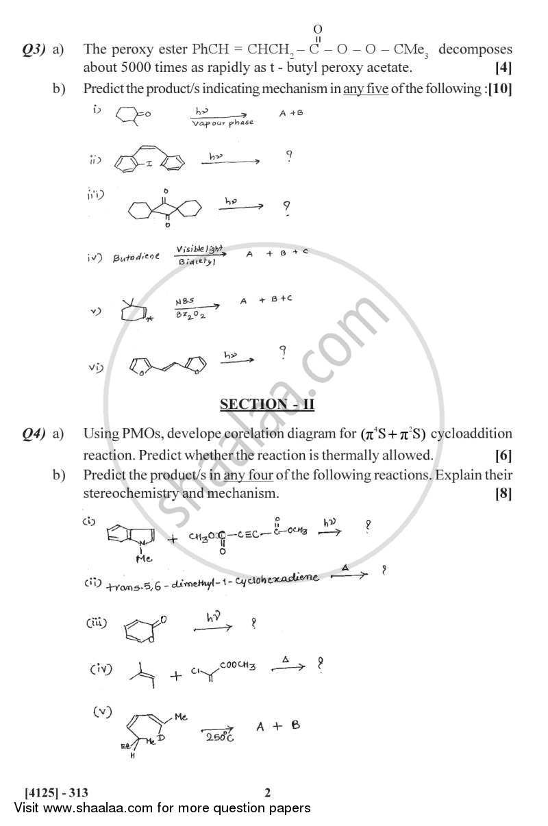 Free Radicals, Photochemistry Pericyclic Reactions and Their Applications 2011-2012 - M.Sc. - Semester 3 - University of Pune question paper with PDF download