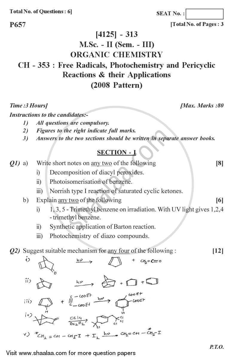Free Radicals, Photochemistry Pericyclic Reactions and Their Applications 2011-2012 - M.Sc. - Semester 3 - University of Pune question paper with PDF download