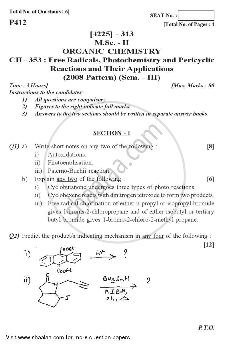 Free Radicals, Photochemistry Pericyclic Reactions and Their Applications 2012-2013 - M.Sc. - Semester 3 - University of Pune question paper with PDF download