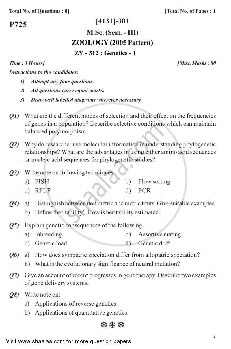 Genetics 1 2011-2012 - M.Sc. - Semester 3 - University of Pune question paper with PDF download