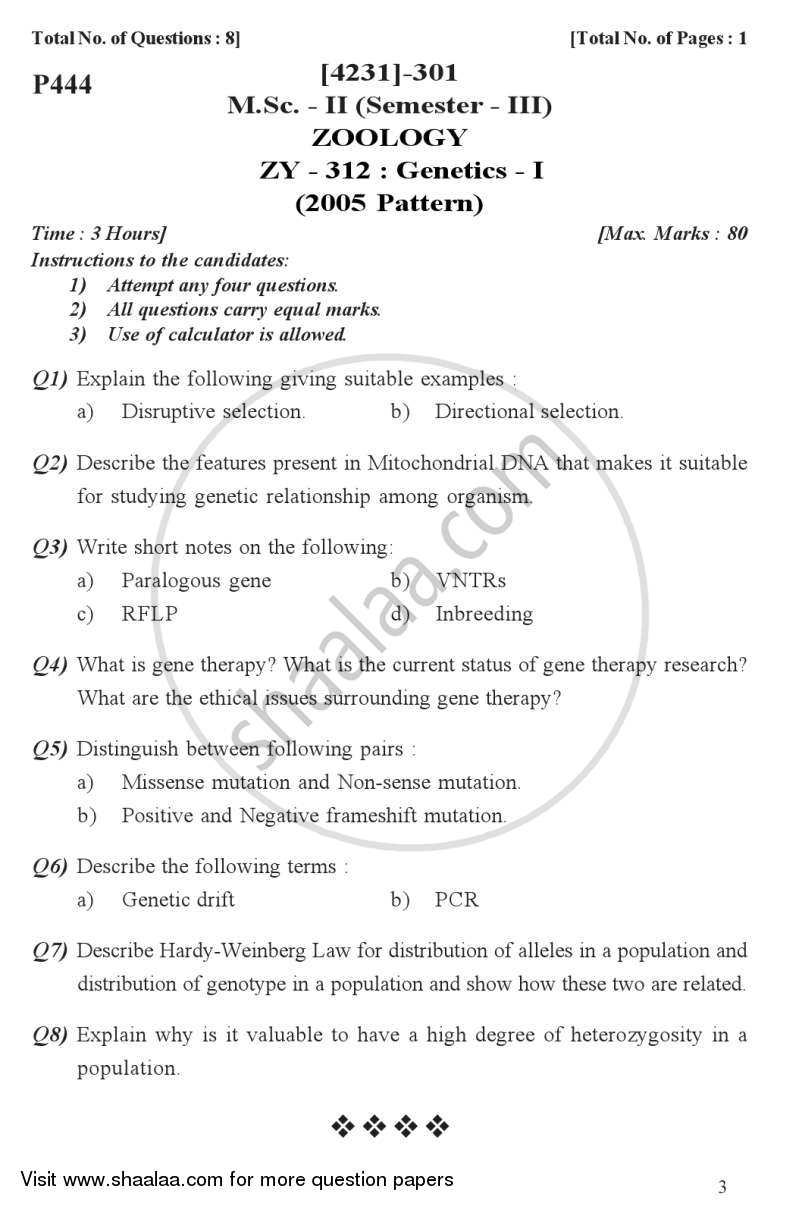 Genetics 1 2012-2013 - M.Sc. - Semester 3 - University of Pune question paper with PDF download