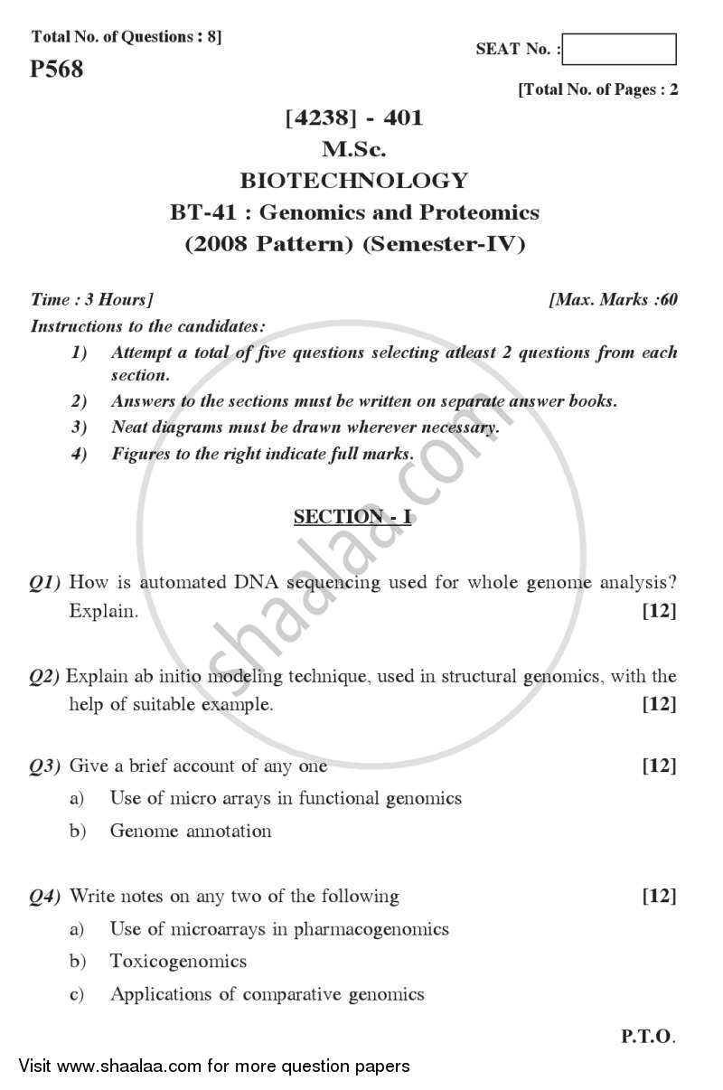 Genomics and Proteomics 2012-2013 - M.Sc. - Semester 4 - University of Pune question paper with PDF download