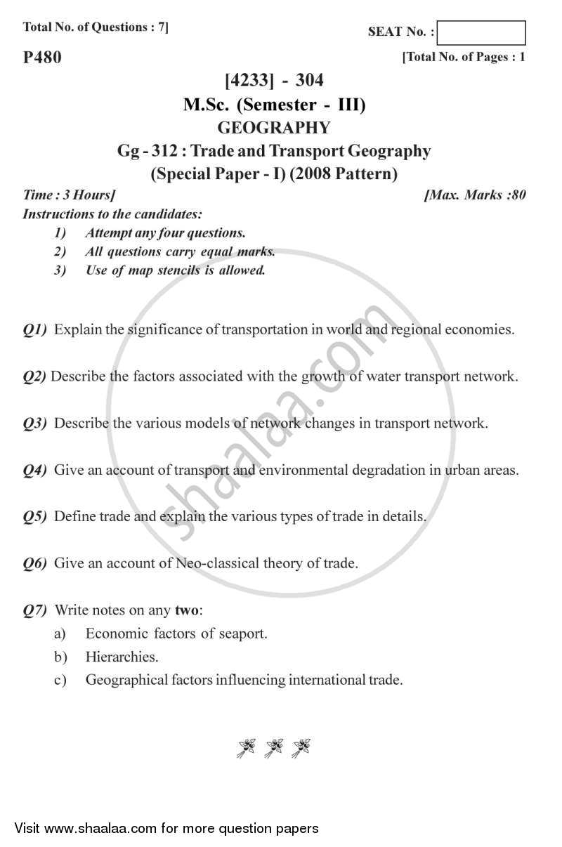 Geography of Trade and Transport 2012-2013 - M.Sc. - Semester 3 - University of Pune question paper with PDF download
