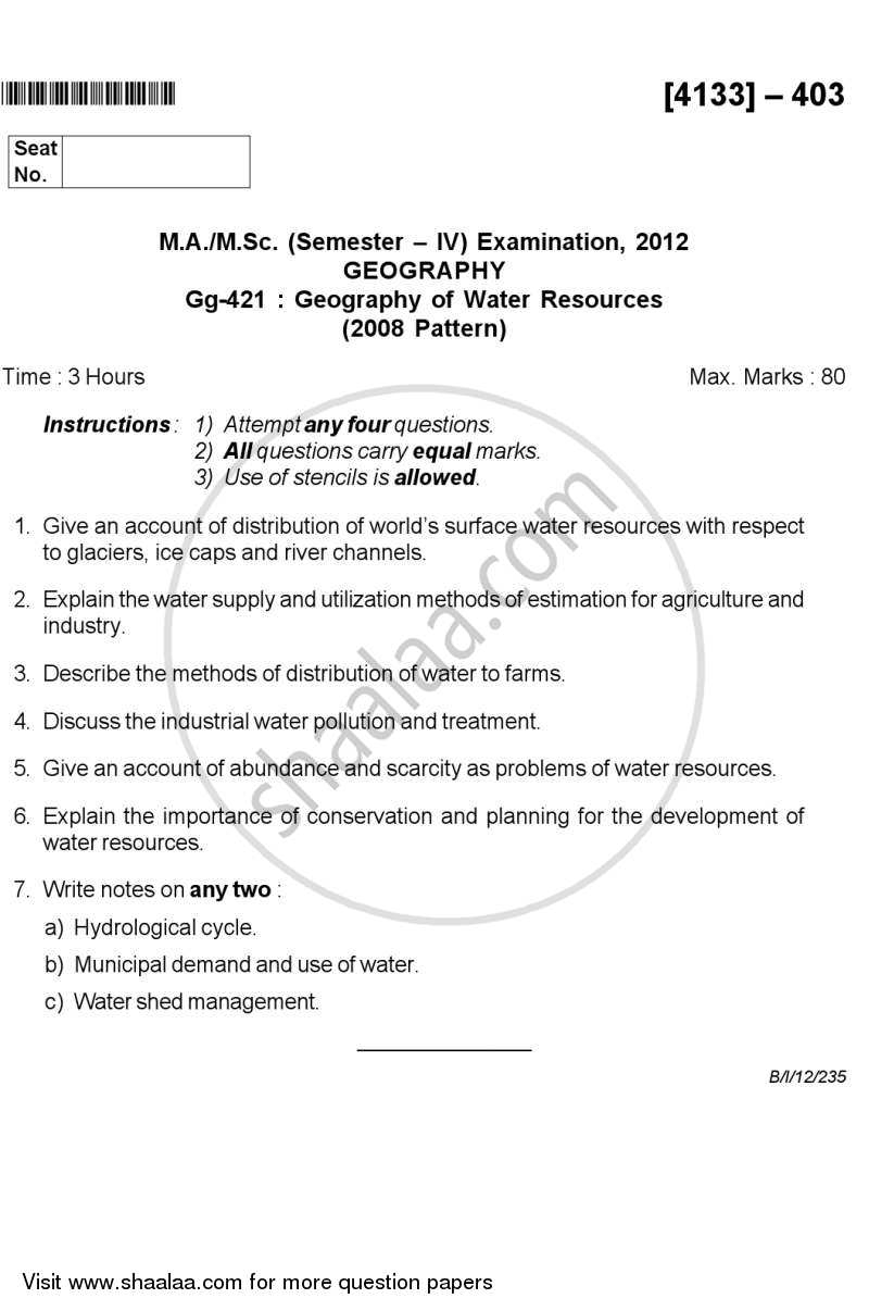 Geography of Water Resources 2011-2012 - M.Sc. - Semester 4 - University of Pune question paper with PDF download