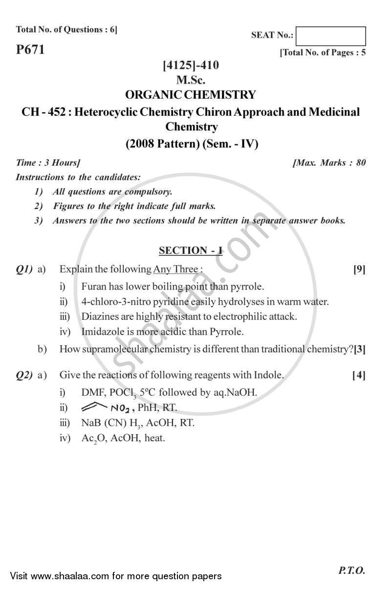 Heterocyclic Chemistry, Chiron Approach and Medicinal Chemistry 2011-2012 - M.Sc. - Semester 4 - University of Pune question paper with PDF download