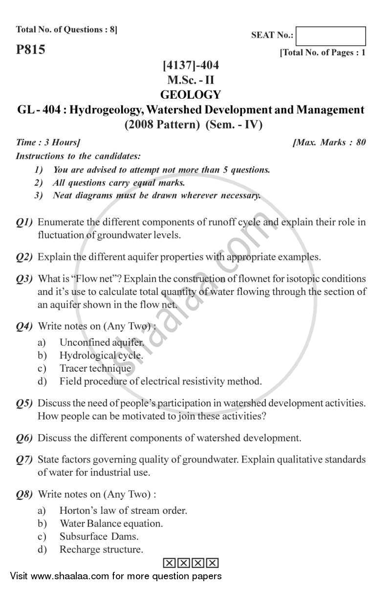 Hydrogeology, Watershed Development and Management 2011-2012 - M.Sc. - Semester 4 - University of Pune question paper with PDF download