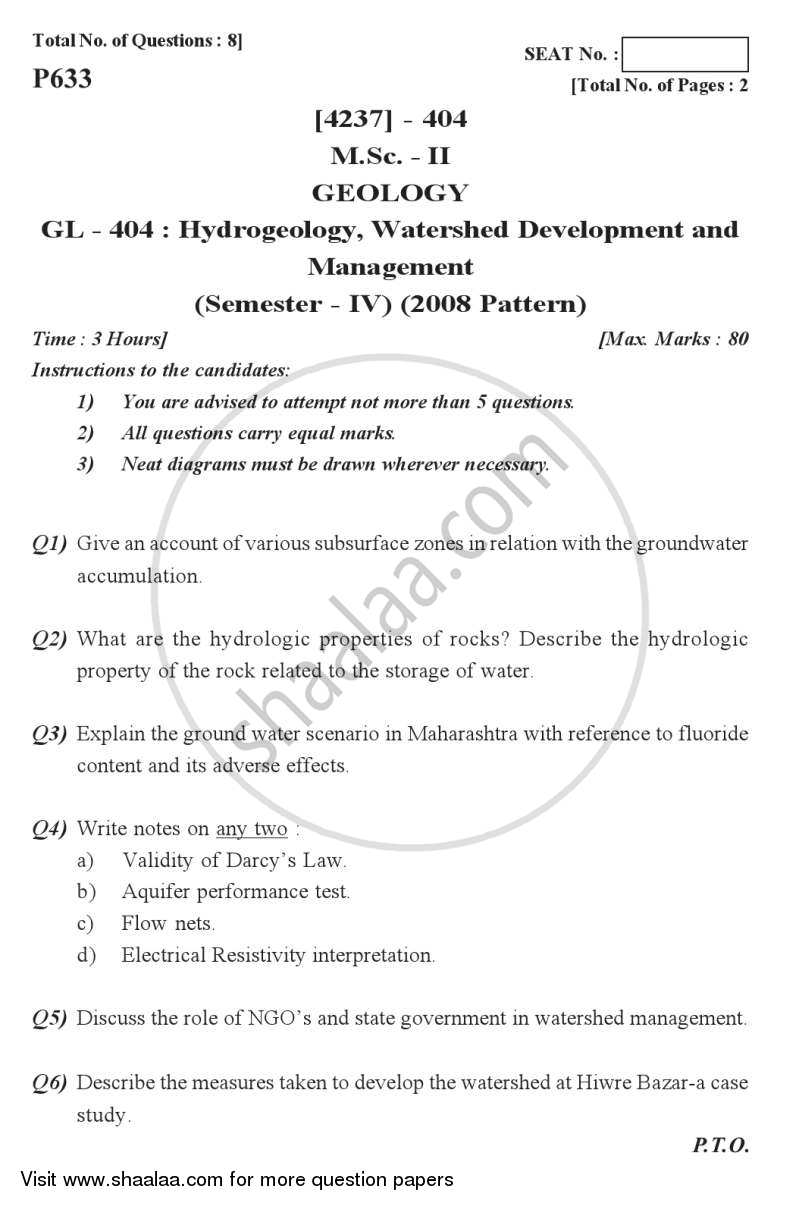Hydrogeology, Watershed Development and Management 2012-2013 - M.Sc. - Semester 4 - University of Pune question paper with PDF download