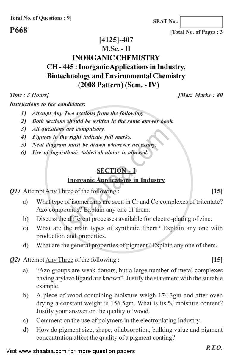 Inorganic Applications in Industry, Biotechnology and Environmental Chemistry 2011-2012 - M.Sc. - Semester 4 - University of Pune question paper with PDF download