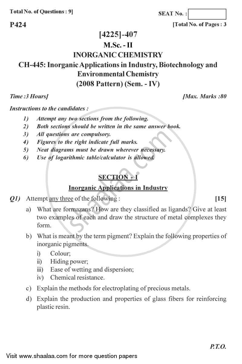 Inorganic Applications in Industry, Biotechnology and Environmental Chemistry 2012-2013 - M.Sc. - Semester 4 - University of Pune question paper with PDF download