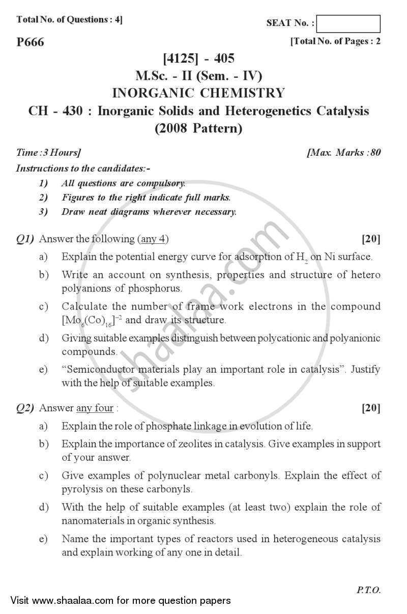 Inorganic Solids and Heterogeneous Catalysis 2011-2012 - M.Sc. - Semester 4 - University of Pune question paper with PDF download
