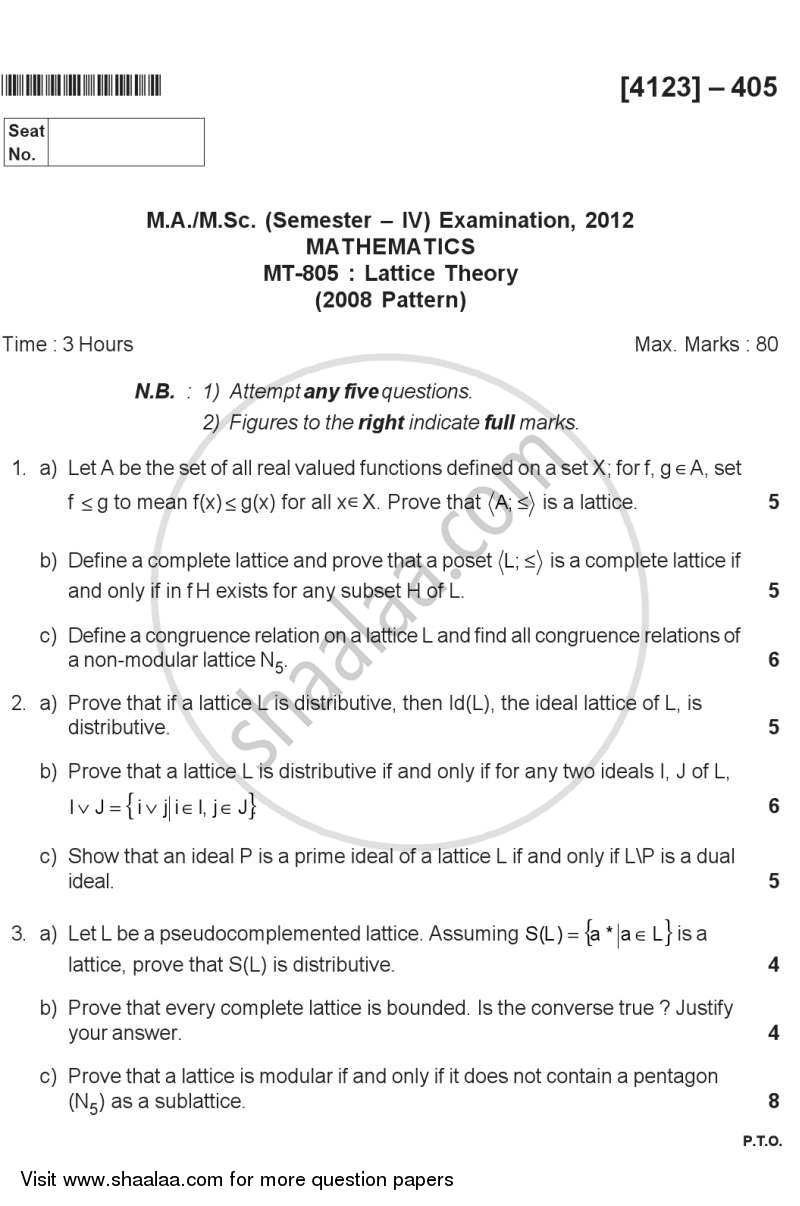 Lattice Theory 2011-2012 - M.Sc. - Semester 4 - University of Pune question paper with PDF download
