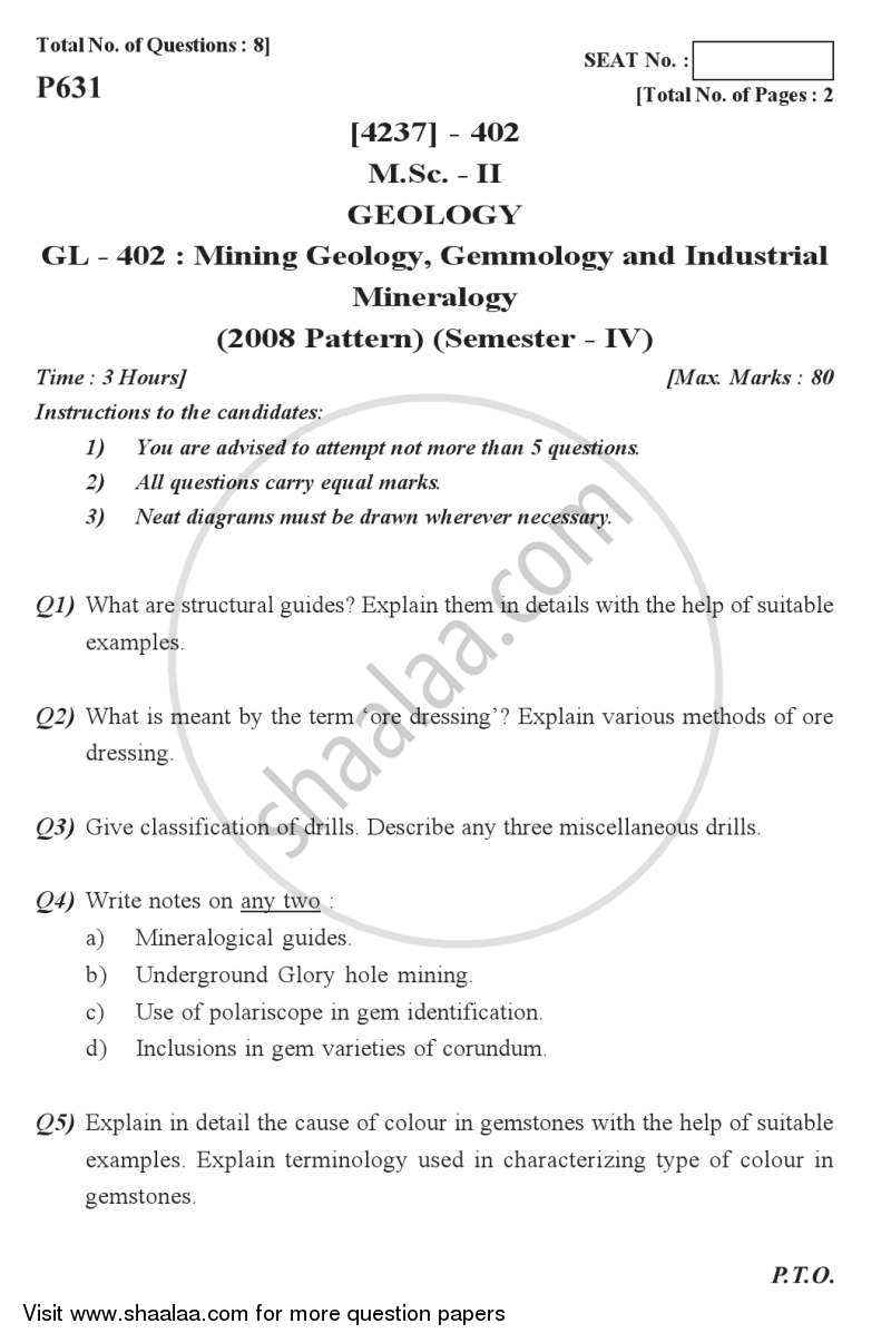 Mining Geology, Gemmology and Industrial Mineralogy 2012-2013 - M.Sc. - Semester 4 - University of Pune question paper with PDF download
