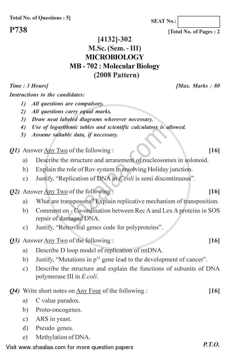 Molecular Biology 1 2011-2012 - M.Sc. - Semester 3 - University of Pune question paper with PDF download