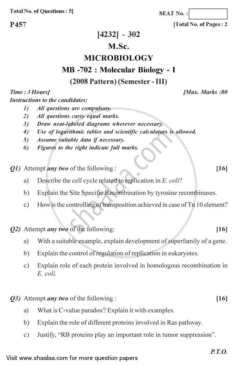 Molecular Biology 1 2012-2013 - M.Sc. - Semester 3 - University of Pune question paper with PDF download