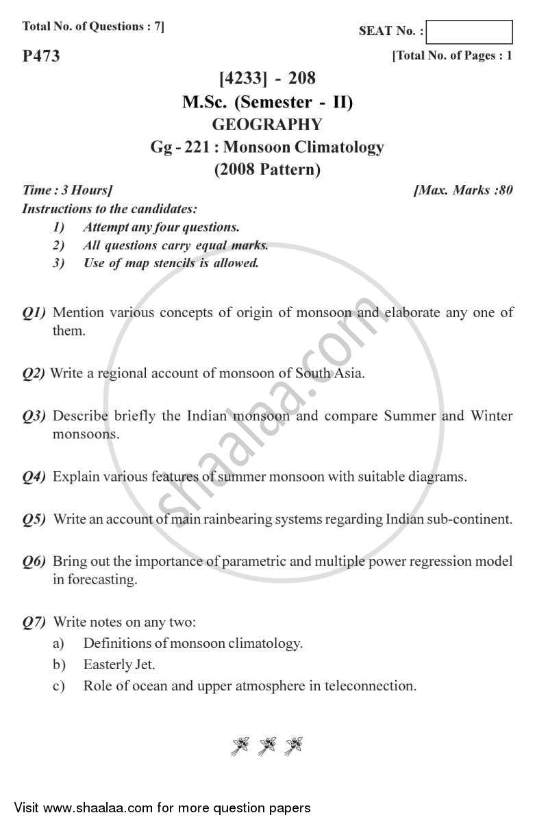 Monsoon Climatology 2012-2013 - M.Sc. - Semester 2 - University of Pune question paper with PDF download