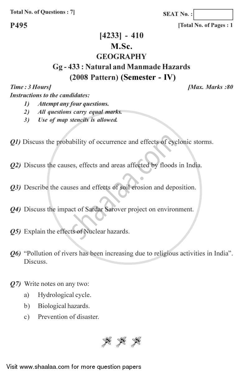 Natural and Manmade Hazards 2012-2013 - M.Sc. - Semester 4 - University of Pune question paper with PDF download