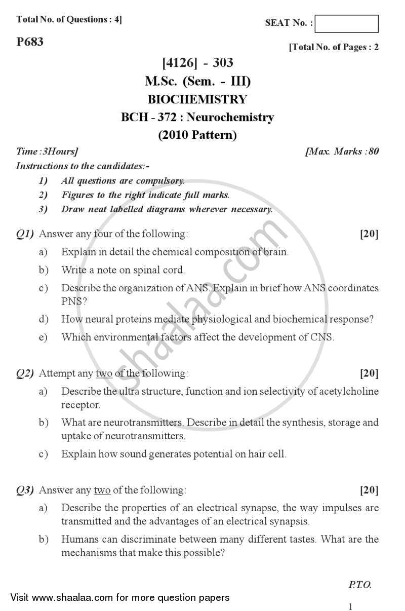 Neurochemistry 2011-2012 - M.Sc. - Semester 3 - University of Pune question paper with PDF download