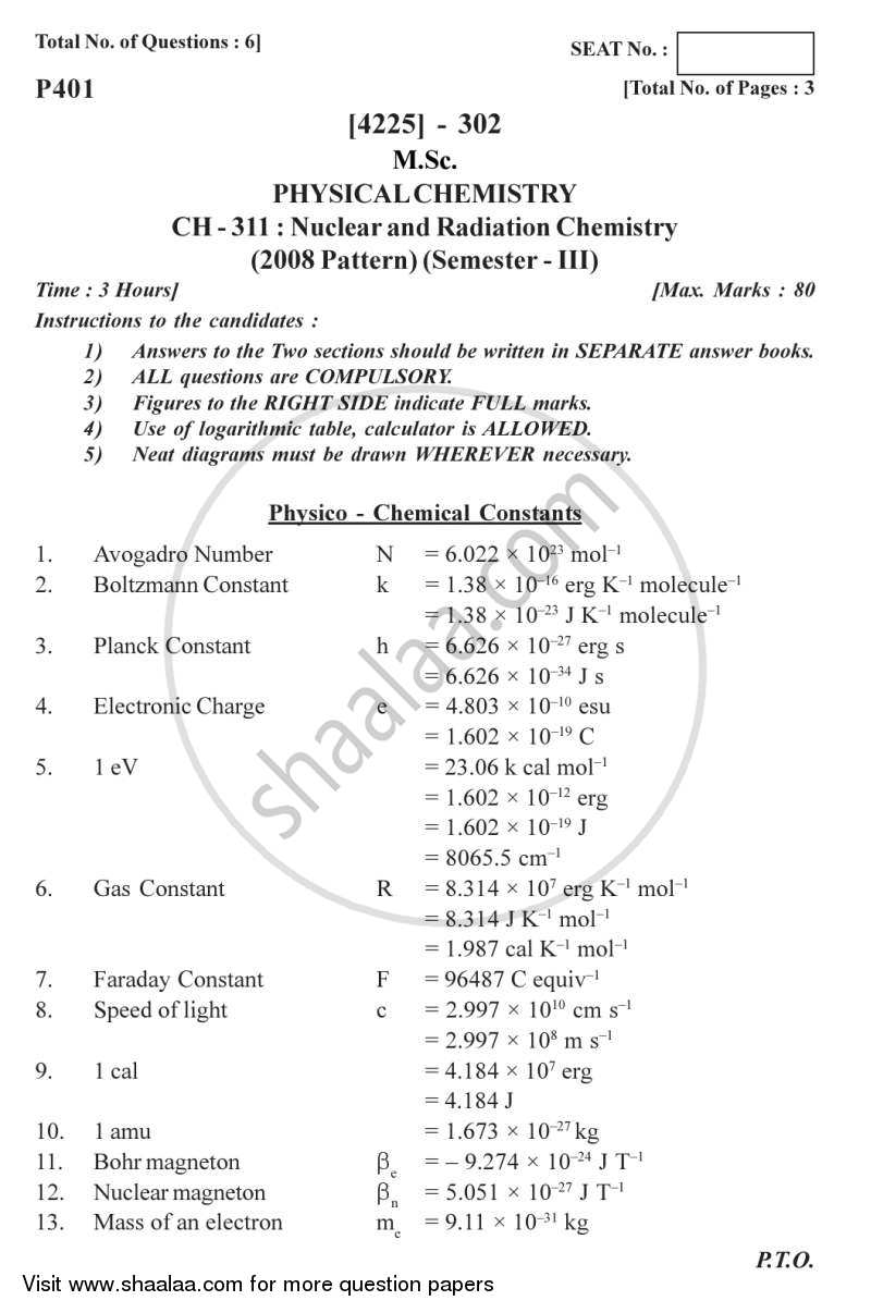 Nuclear and Radiation Chemistry 2012-2013 - M.Sc. - Semester 3 - University of Pune question paper with PDF download