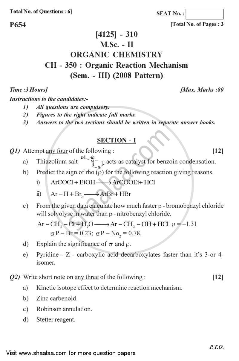 Organic Reaction Mechanism 2011-2012 - M.Sc. - Semester 3 - University of Pune question paper with PDF download