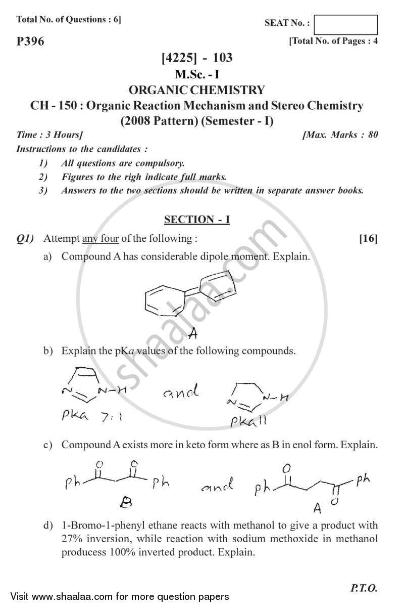 Organic Reaction Mechanism and Stereochemistry 2012-2013 - M.Sc. - Semester 1 - University of Pune question paper with PDF download