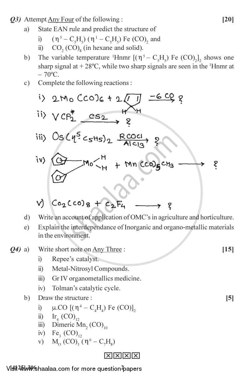 Organometallic Compounds of Transition Metals and Homogeneous Catalysis 2011-2012 - M.Sc. - Semester 3 - University of Pune question paper with PDF download