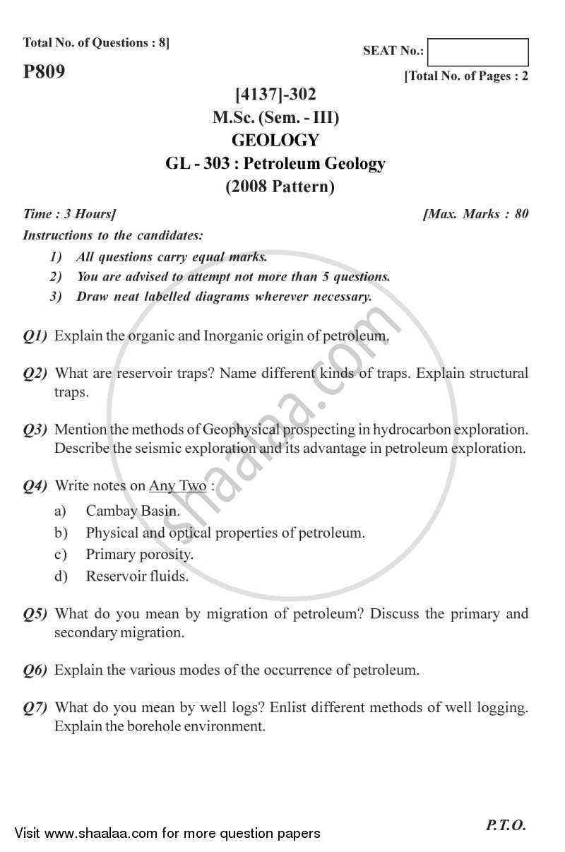 Petroleum Geology 2011-2012 - M.Sc. - Semester 3 - University of Pune question paper with PDF download