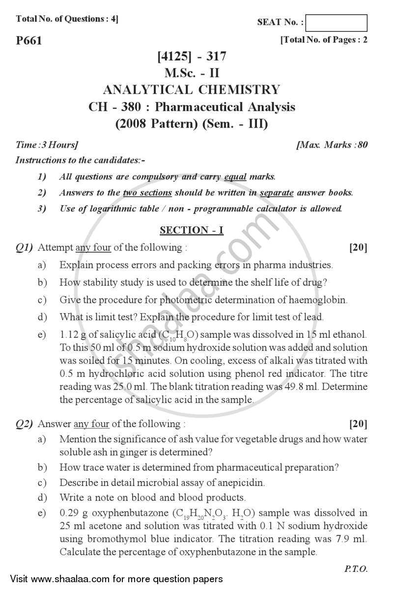 Pharmaceutical Analysis 2011-2012 - M.Sc. - Semester 3 - University of Pune question paper with PDF download
