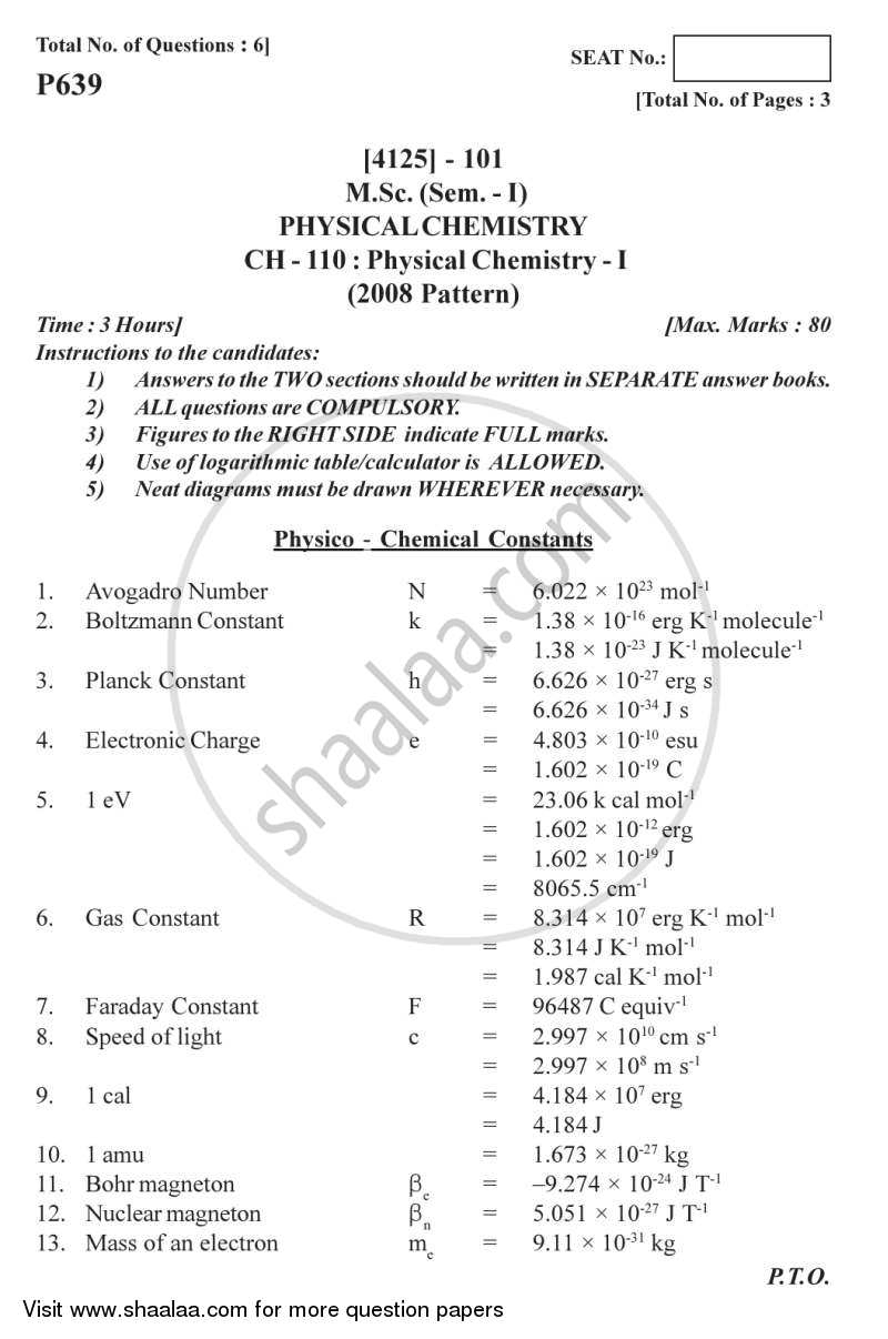 Physical Chemistry 1 2011-2012 - M.Sc. - Semester 1 - University of Pune question paper with PDF download